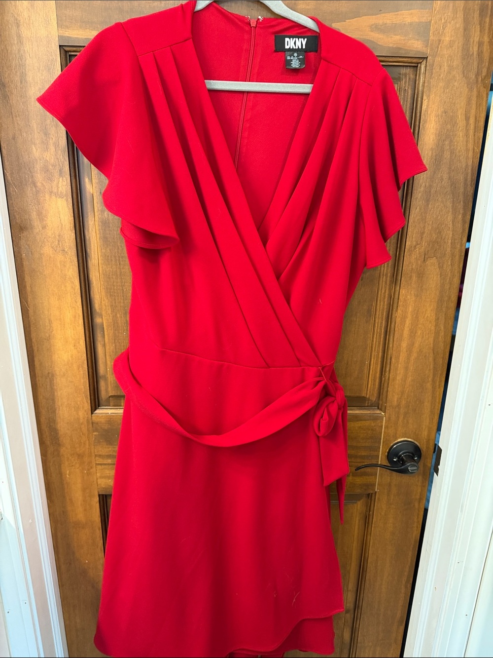 DKNY Red Faux-Wrap Flutter Sleeve Midi Dress